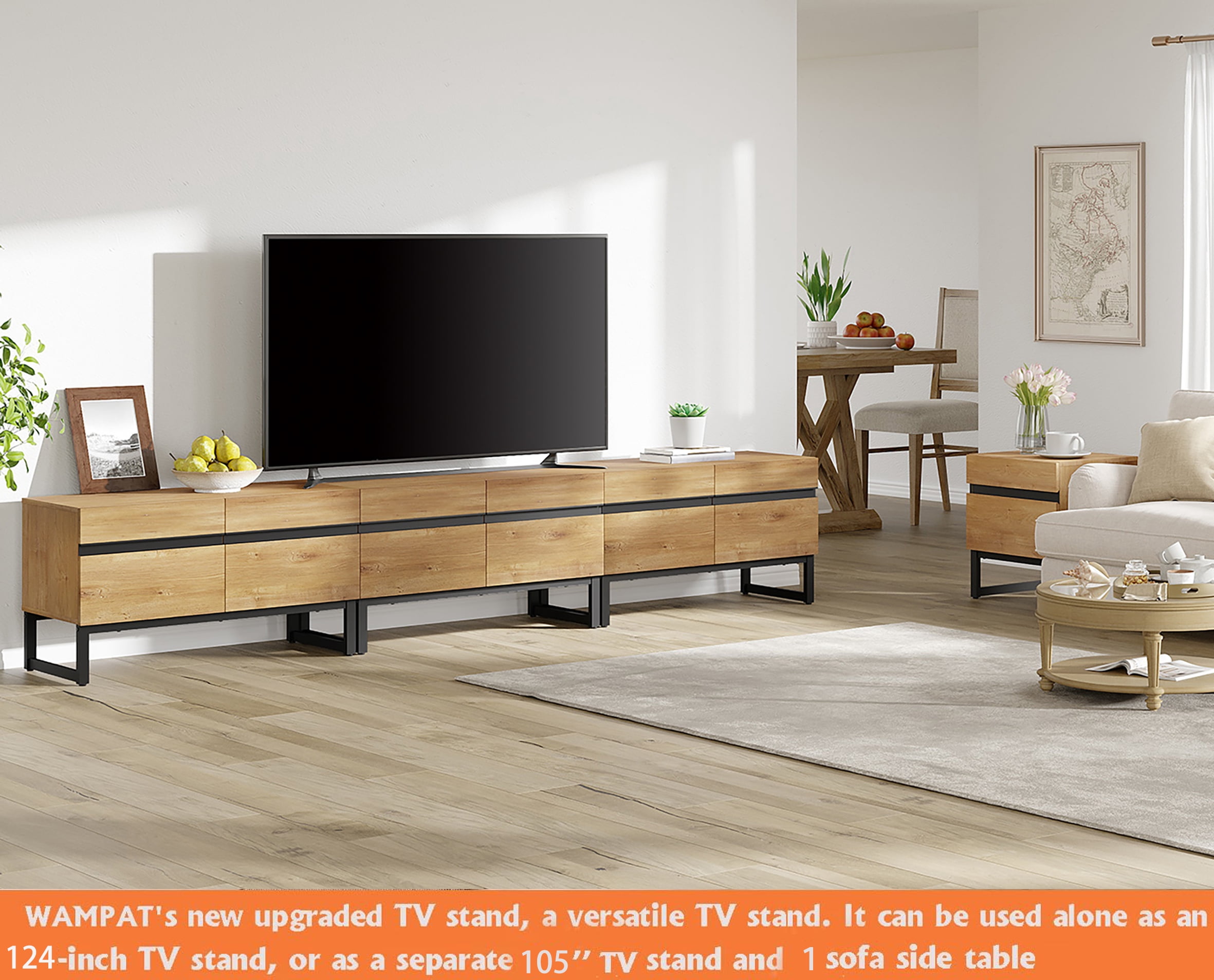WAMPAT Modern TV Stand for 110 inch TVs, 4 in 1 Entertainment Center with Storage Cabinets and Metal Base, Living Room Media Console, Oak, 124''