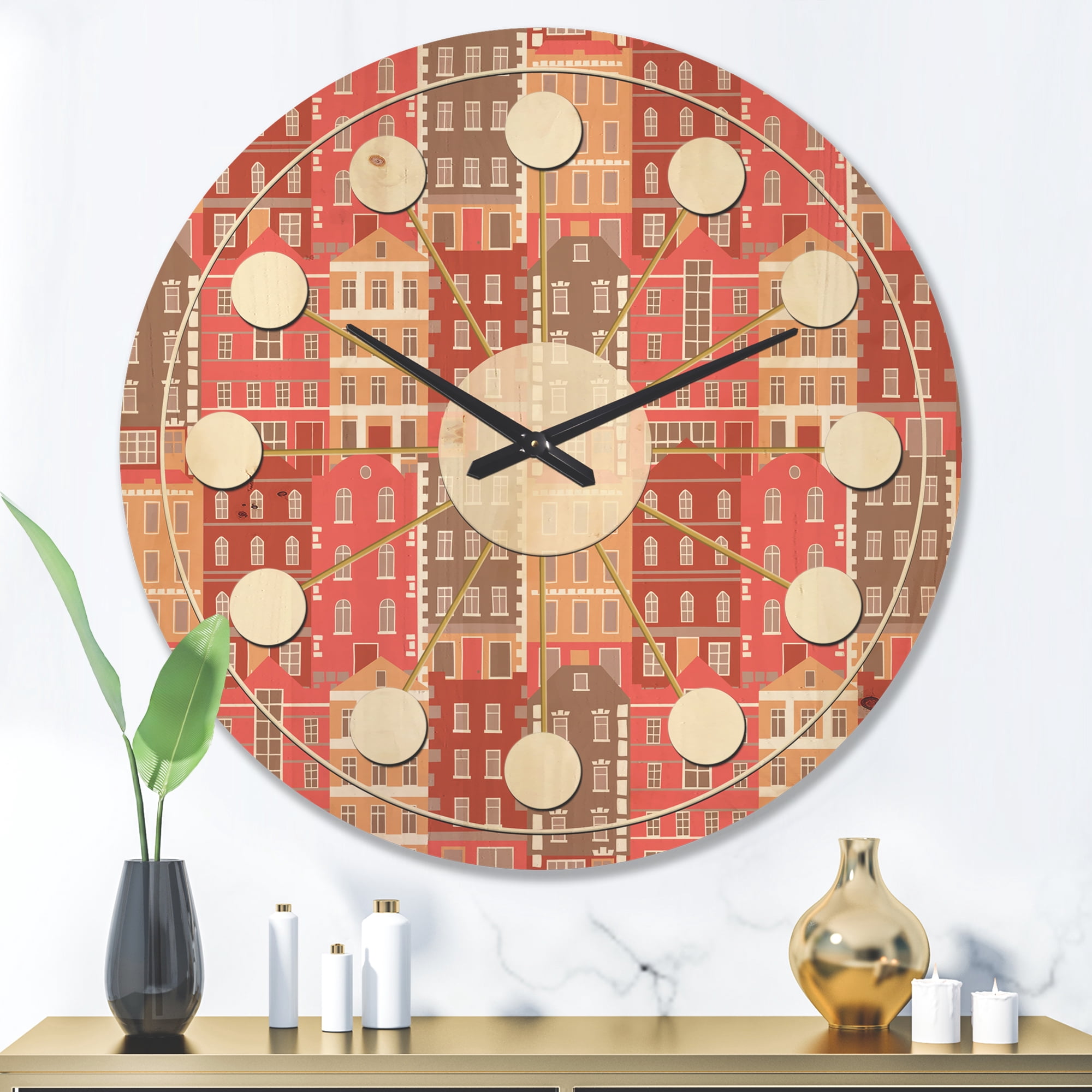 Designart 'Colorful Sotoies Houses' Mid-Century Modern Wood Wall Clock