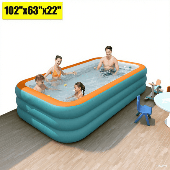 Family Full-Sized Inflatable Swimming Pool for Kids & Adults, 102" x 63" x 22", Heavy-Duty 0.4mm PVC Material, Easy Drain Valve