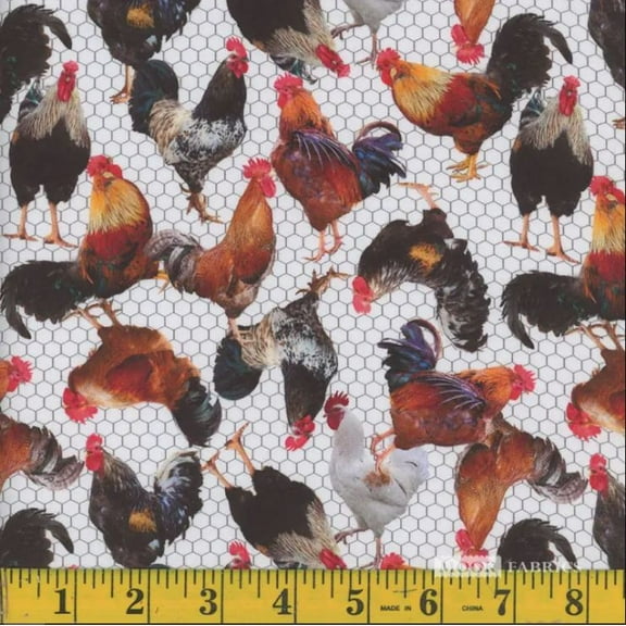 Cotton 2024 Farm Animals Roosters Chickens Farmyard Chickenwire Fencing Mook Fabrics White Cotton Fabric Print by the Yard (137707)