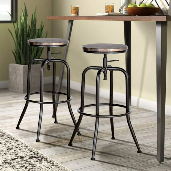 FurnitureR Vintage Industrial Swivel Counter Bar Stools Set of 2, Adjustable Height Stools for Kitchen Island, Round Wood Seat with Metal Frame, Walnut