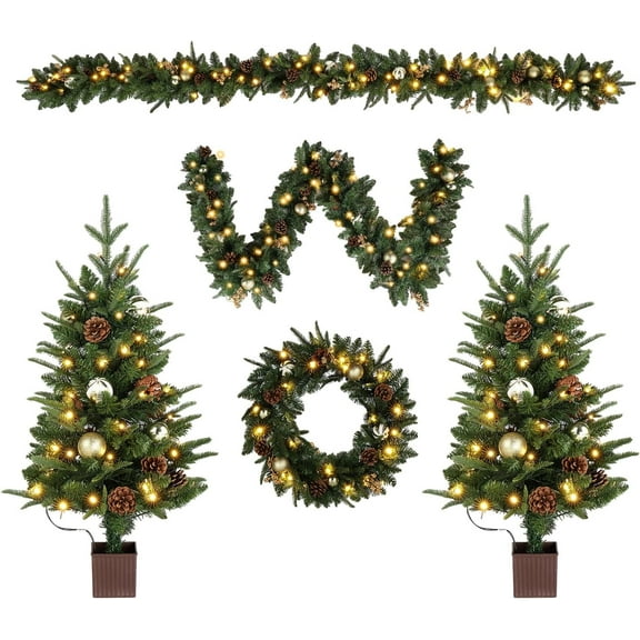VINGLI Pre-lit 5-Piece Set Christmas Tree with LED Lights, Christmas Garlands, Wreath and Set of 2 Entrance Trees Artificial Christmas Porch Decorations, Gold
