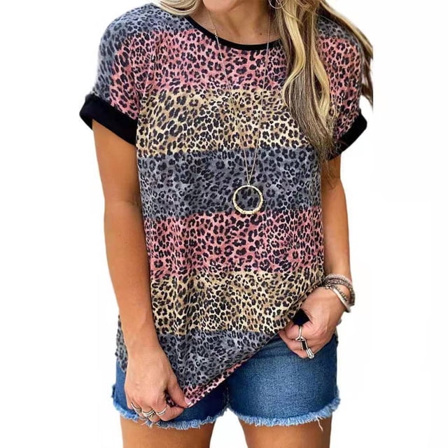 Nouveau T-Shirt à Manches Courtes Léopard pour Femmes Nouvelle Mode T-Shirt de Rue Grande Taille Col Rond Ample Décontracté