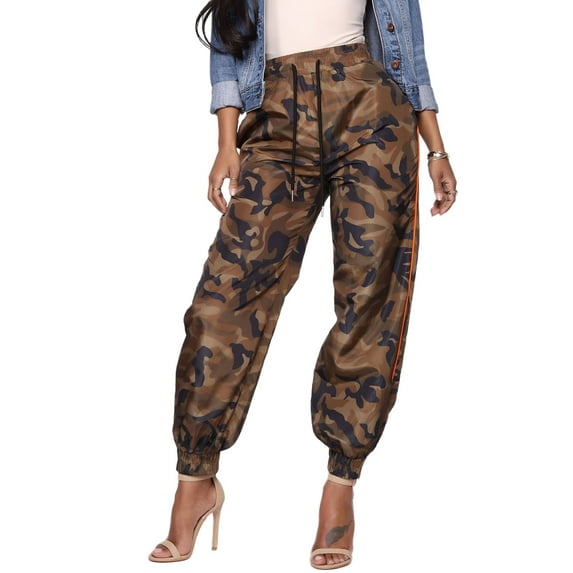 Women Camouflage Casual Pants with Elastic Waist Drawstring, High Waist Color Matching Clothing