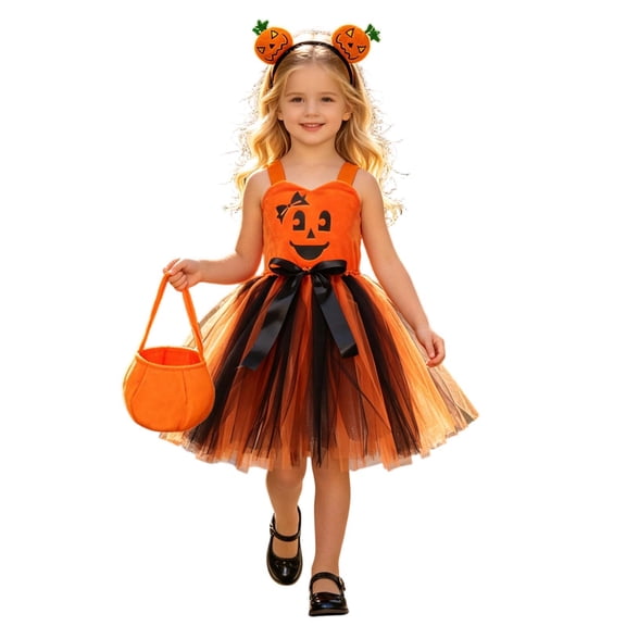 Rhuody Girls Halloween Dress O Neck Hallowmas Holiday Party Performance Tutu Skirts Sleeveless Cartoon Graphic Dresses Simple Playsuit