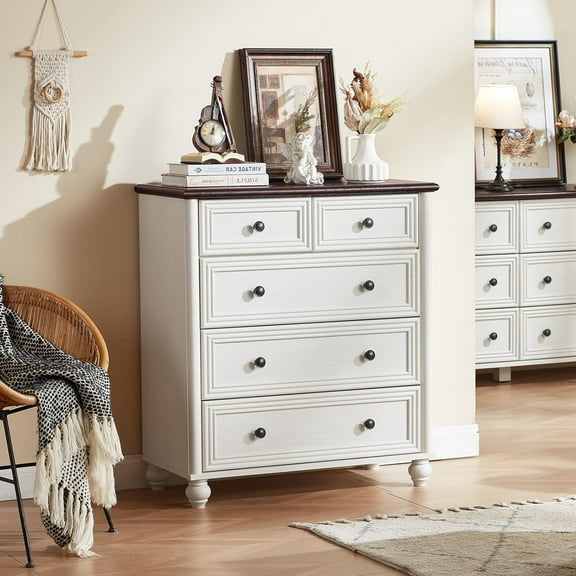 Farmhouse 5 Drawer Dresser for Bedroom, 35.5" Tall Small Dressers & Chest of Drawers, Rustic Wood Dresser with Roman Column, Storage Organizer for Living Room, Hallway, Closet (White)