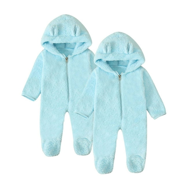Kovlvoll 2pc Newborn Baby Clothes Fuzzy Fleece Rompers Zipper Hooded Long Sleeve Solid Color Keep Warm Infant Jumpsuit