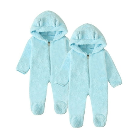 

LNWUY Fleece Baby Bunting Bodysuit Infant One Piece Kids Hooded Romper Outerwear Solid Color Soft Comfy Toddler Jacket Light Blue 0 Months