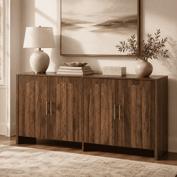 BelvaraHome 66.9" Modern Fluted Sideboard with 4 Arched Doors, Gold Handles & 2 Adjustable Shelves, Walnut