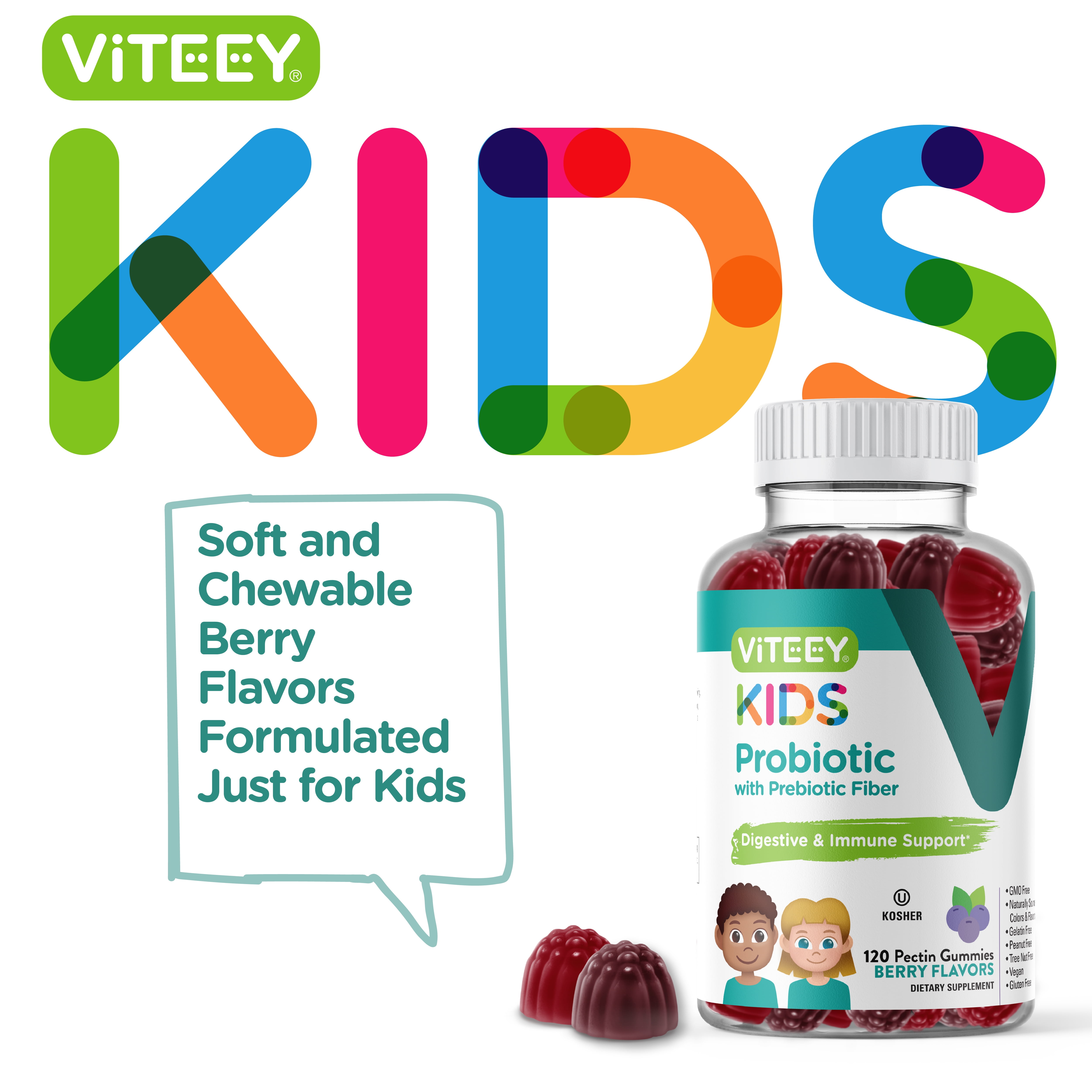 VITEEY Kids Probiotic Gummies with Prebiotic Fiber, Digestive Health & Immune Support, 120 Ct