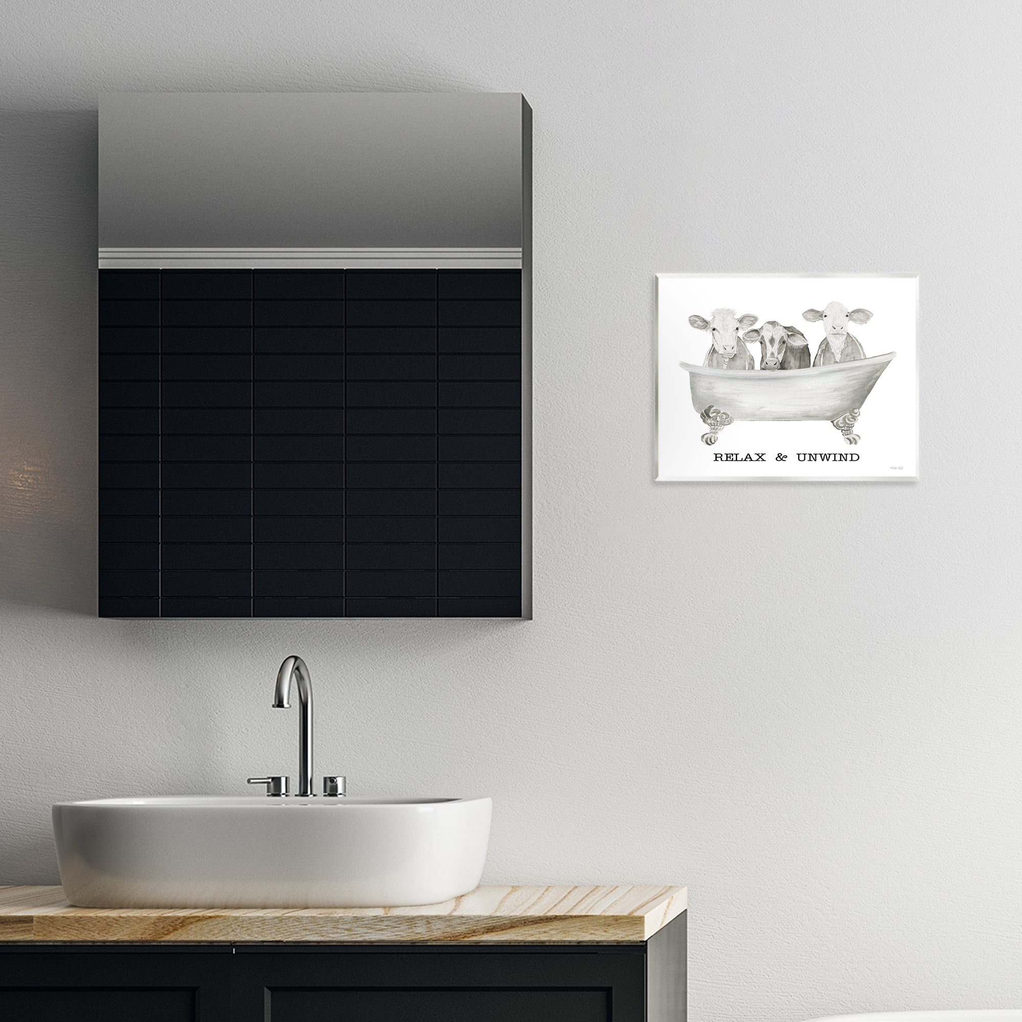 Stupell Industries Relax Unwind Cow Tub Bath & Laundry Painting Unframed Art Print Wall Art, 14 x 11