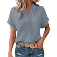 thumbnail image 4 of WCJM Women Crewneck Striped Short Sleeve T-Shirt Top Blouse Women's Short Sleeve T-Shirt Women's Fashionable and Casual Solid Color V Neck Wrinkle Cloth Button Short Sleeve Rolled Up T Shirt Top, 4 of 7