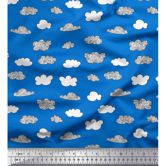 Soimoi Blue Poly Georgette Fabric Cloud Nature Print Fabric by the Yard 52 Inch Wide