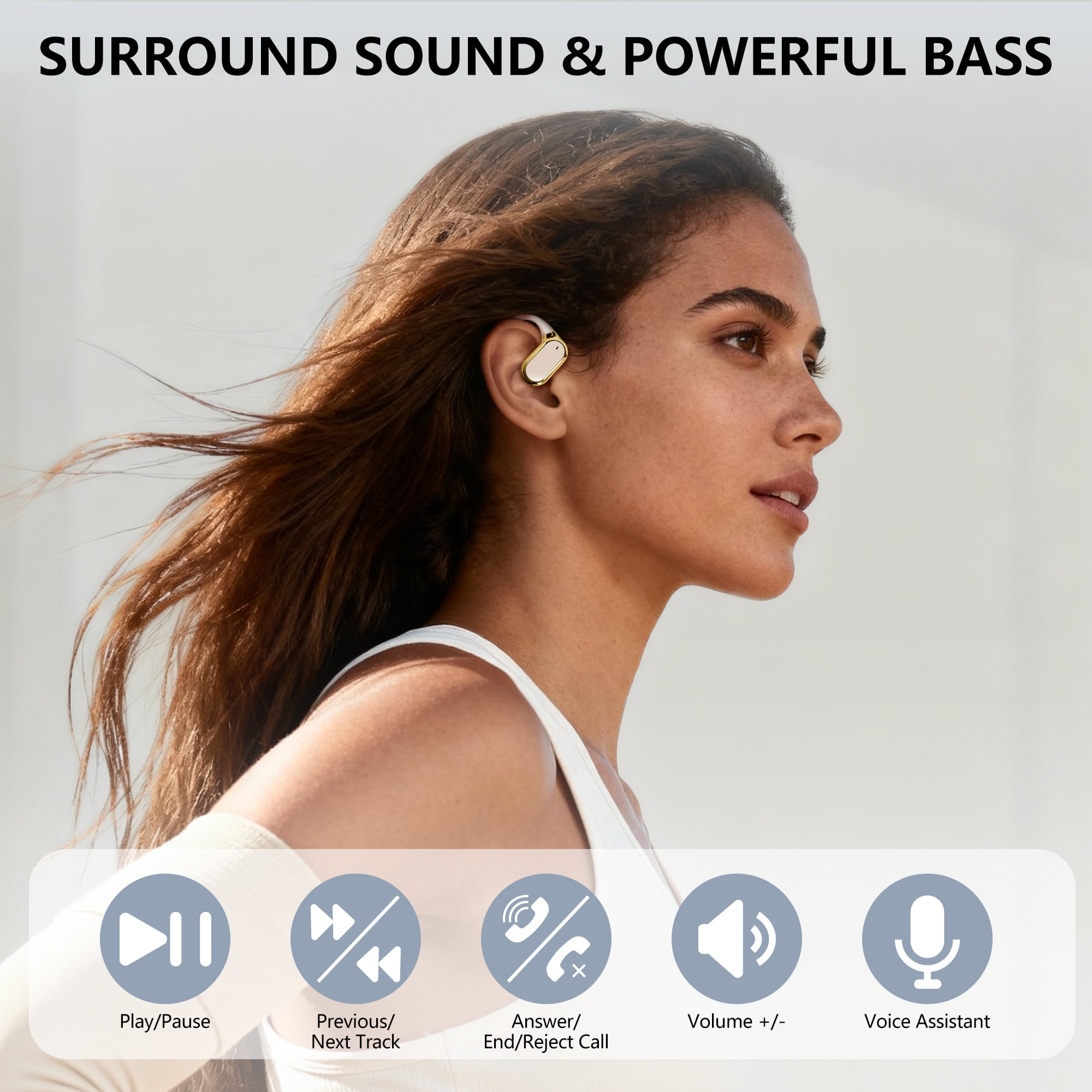 True Wireless Stereo Earphone, Open Ear Touch Control Bluetooth Headphone with Earhook, Type-C Charging Earphone for Meeting/Travel/Video/Game, Gold