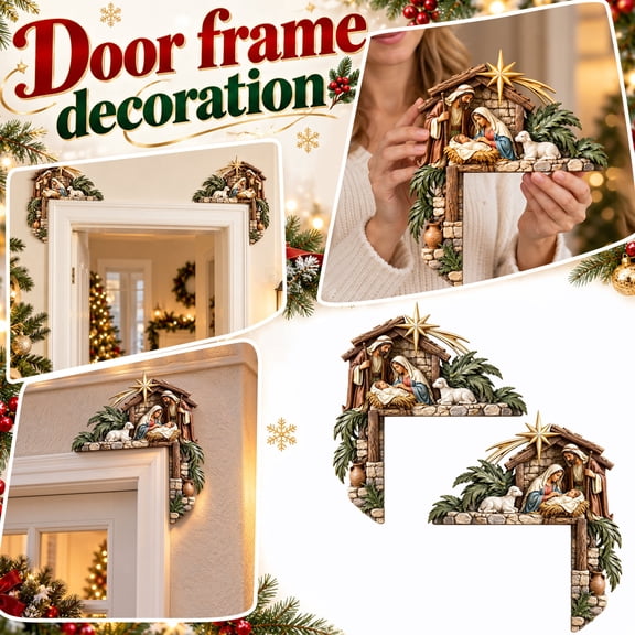 2PCS Christmas Nativity Scene Door Corner Topper Wooden L-Shaped Holy Family Manger Door Frame Decor Religious Wall Corner Sign for Home Entryway Christmas Holiday Gift(left & right)