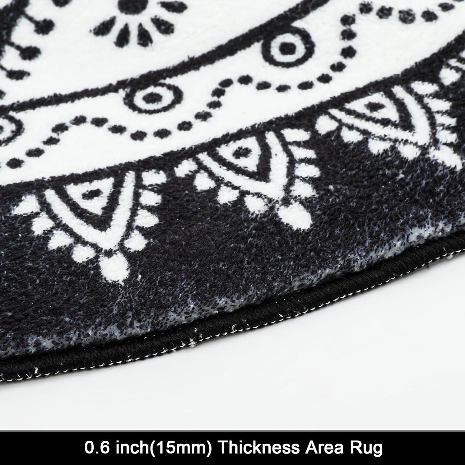 MJIAexp 4ft Mandala Boho Round Rug Circle Rug Non-Slip Machine Washable Area Rug Soft Bedroom Rug Throw Rug Vintage Carpet for Living Room Kitchen Dorm Coffee Table Black White