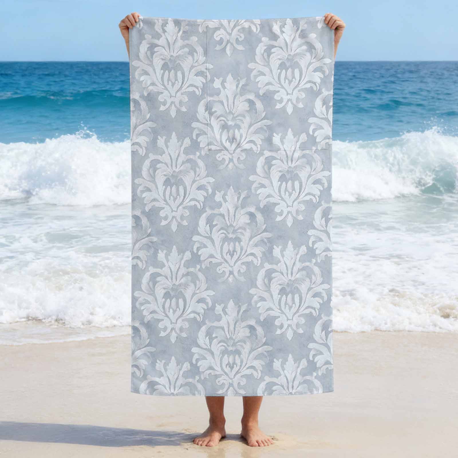 Beach Towel Backpack, Haze Blue Boho 2 in 1 Soft Absorbent Beach Blanket Travel Towels for Pool Swim Gym Picnic, Neutral Middle Century Turkish Pattern Portable Drawstring Bag Large 31.5x63 Inch