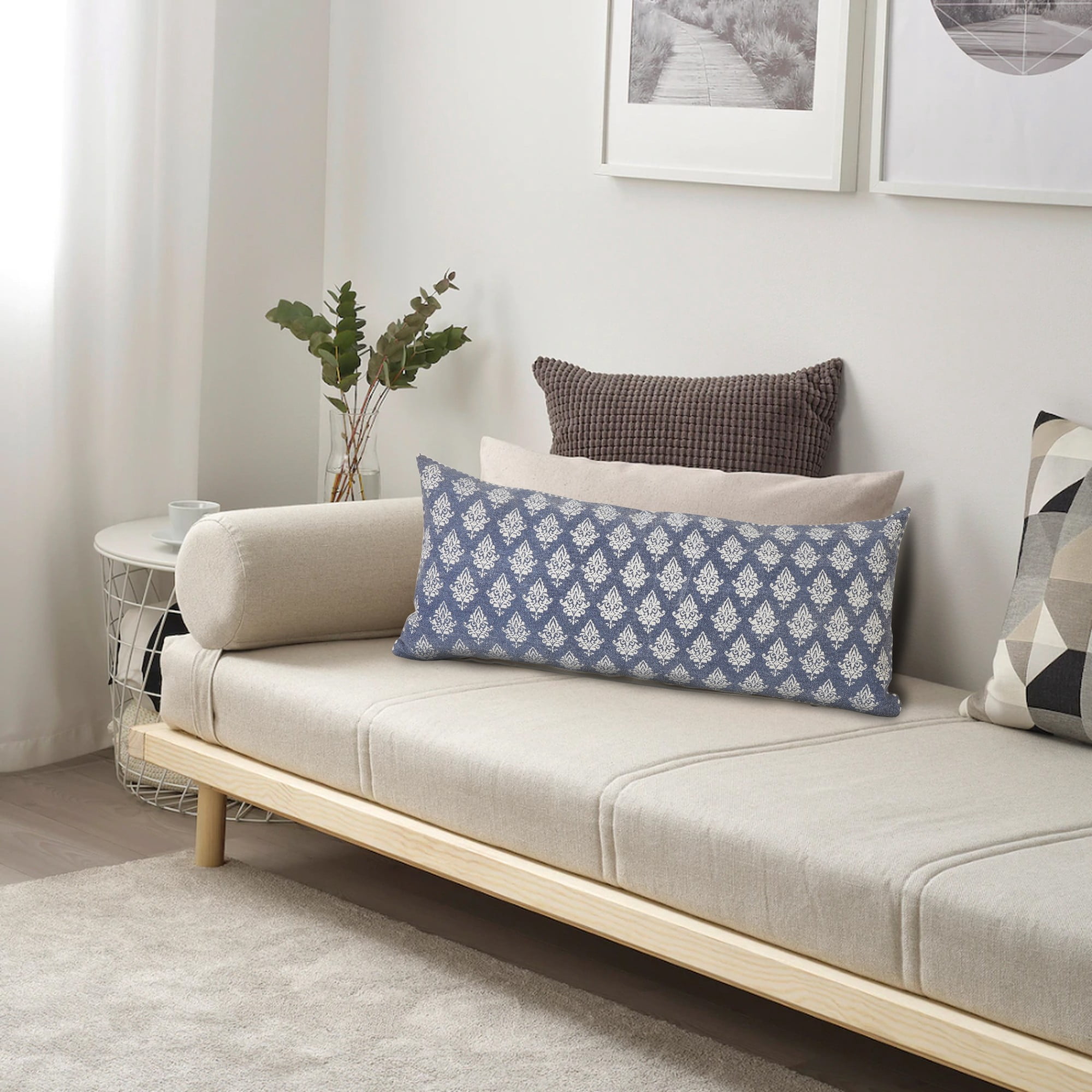 Laddha Home Designs Handwoven Damask Rectangular Lumbar Pillow Cover - 36" - Blue and White