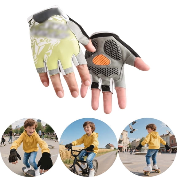 Kids Half Finger Cycling Gloves, Non- Breathable Sports Gloves for Boys and Girls, Fingerless Bike Gloves with Silicone Grip, Outdoor Summer Gloves for Cycling, Skating, and Running (4-12 Years)