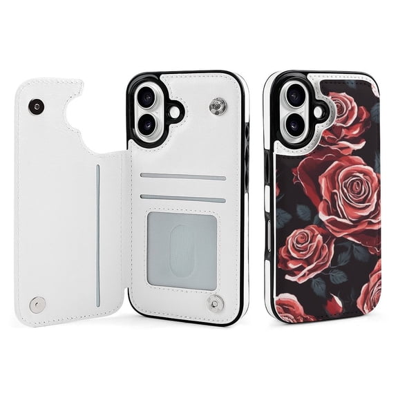 Compatible with iPhone 11 12 13 mini 14 15 16 Pro Max Plus Wallet Case with Card Holder, PU Leather Kickstand Card Slots Case ( Dark Rose Red, iPhone 16)