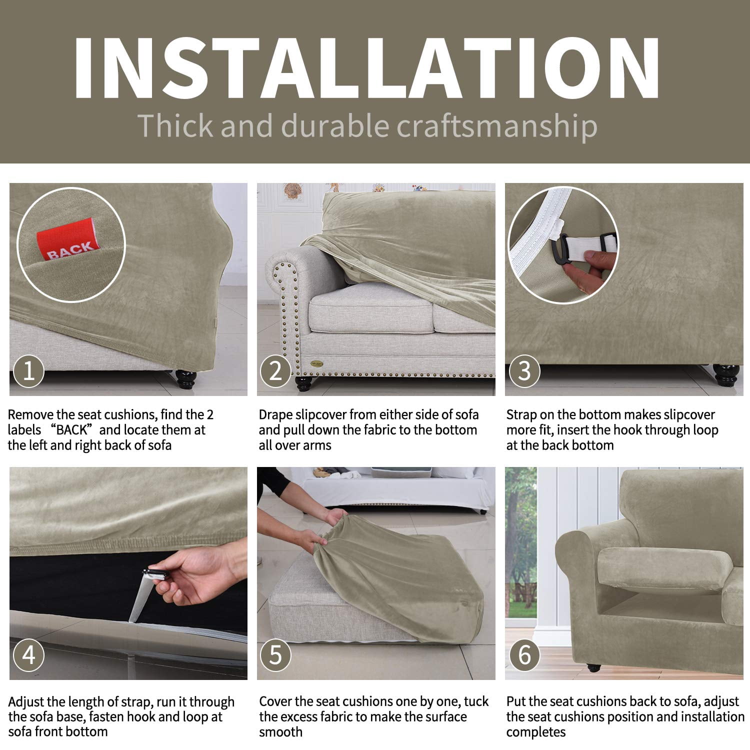 JIATER 3-Piece Sofa Cover Stretch Couch Cover Velvet Sofa Slipcover Furniture Protector with 2 Cushion Covers,Loveseat Khaki