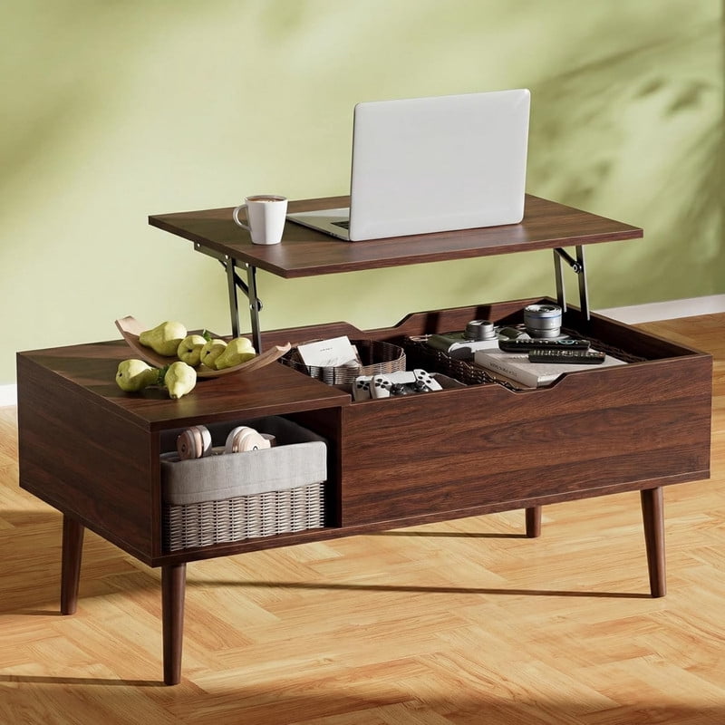 Kelno Lift Top Coffee Table with Hidden Storage Adjustable Height Wood Center Table with Open Side Shelves for Living Room, Dark Brown