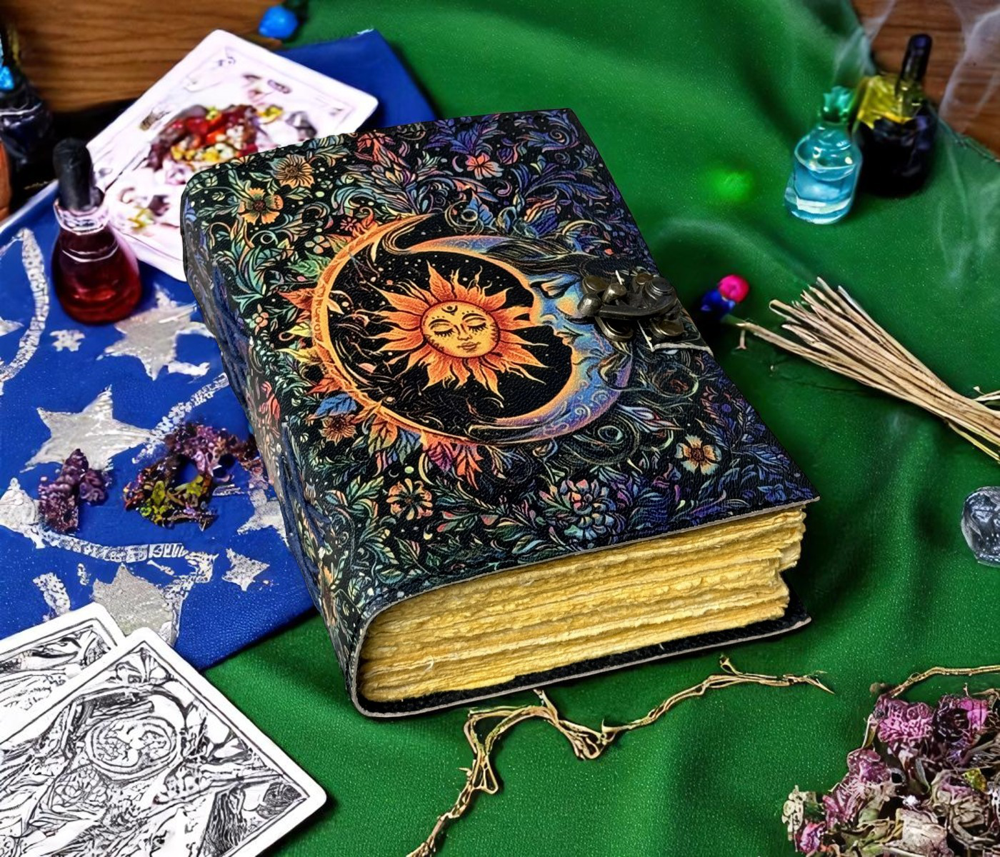 Sun & Moon Vintage Leather Journal for Men & Women 200 Pages of Antique Handmade Deckle Edge Vintage Paper, Leather Sketchbook, Drawing Journal, Printed Sun and Moon Journal , Great Gift (7 x 5 Inch)