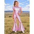 thumbnail image 5 of iiniim Girls Western Cowgirl Outfit Ruffled Sleeves Press Buttons Tassel Metallic Tops with Split Bell-bottom Pants for Theme Party Pink 16, 5 of 7
