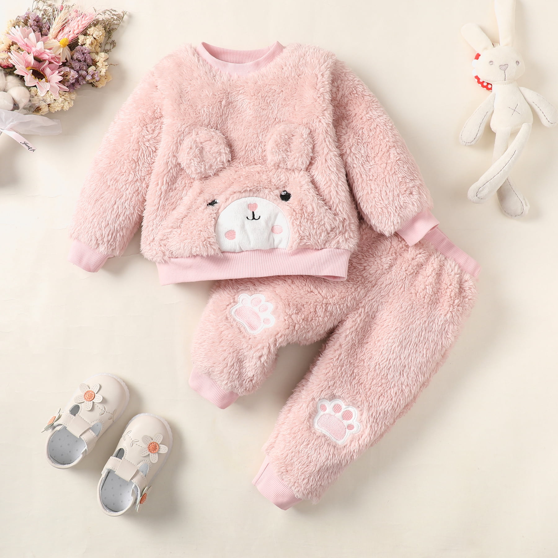 6 Months Baby Girls Clothes 9 Months Girls Fall Winter Pant Set Infant Girls Long Sleeve Round Neckline Top Pants 2PCS Set Pink