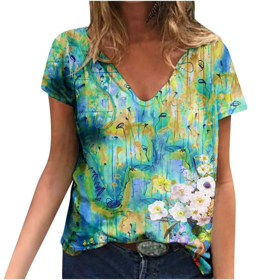 JeashCHAT Summer V Neck T Shirts for Women Short Sleeve Shirts Cute Printed Tshirt Blouse Casual Tops Loose Fit Graphic Tee