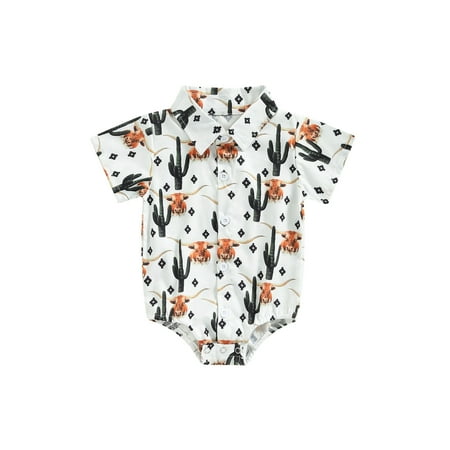

KelaJuan Baby Boy Shirt Romper Short Sleeve Cow Print Button Down Lapel Bodysuit Newborn Clothes