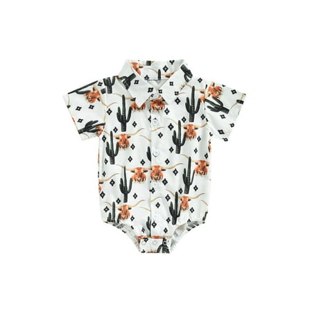 

Western Baby Boy Clothes Cow Print Onesie Dress Shirt Short Sleeve Lapel Geometry Print Button Down Romper Bodysuit Top Boho Cowboy Outfit