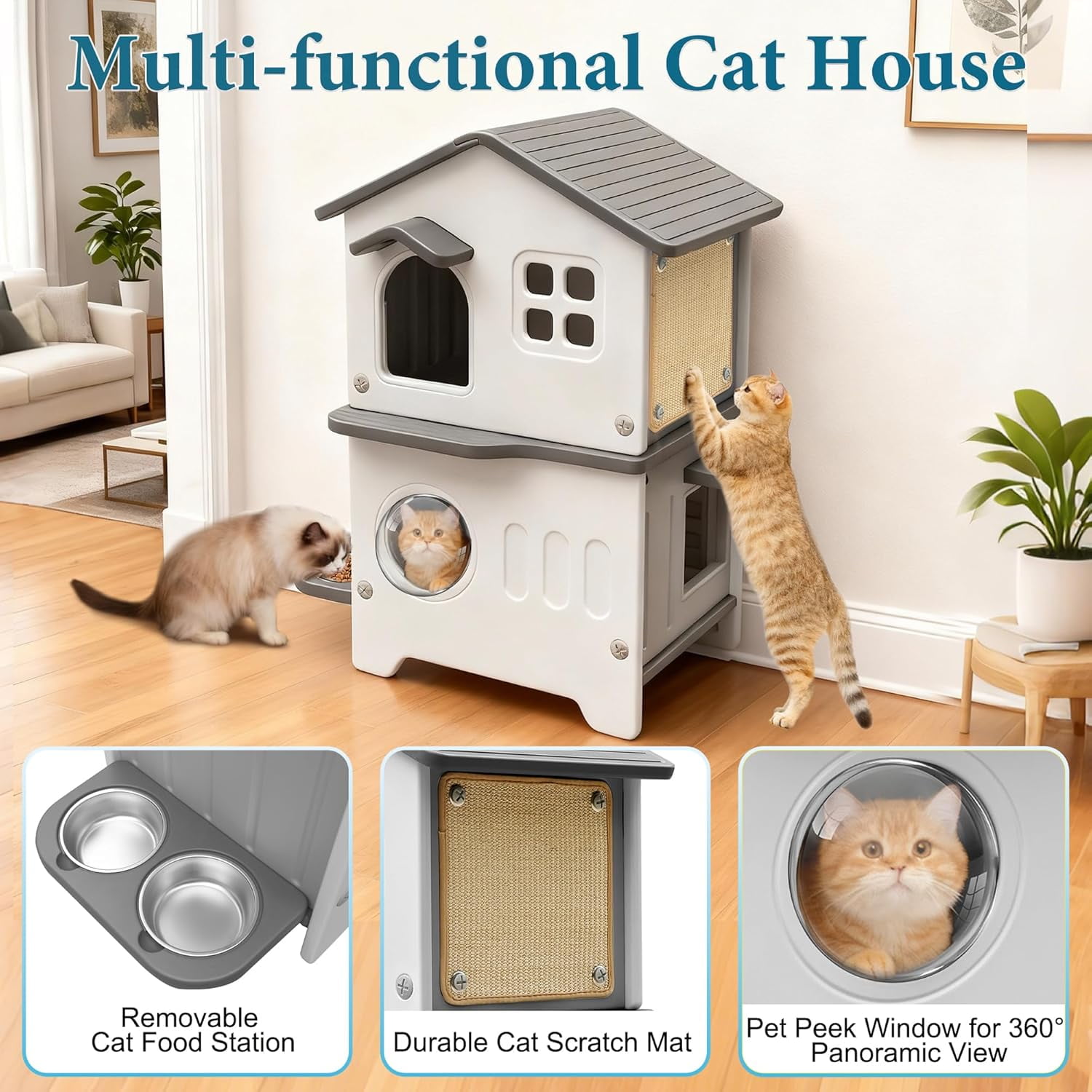 Outdoor Cat House, 2-Story Waterproof Cat House for Outdoor Cats with Escape Door, Elevated Feral Cat House Indoor, Sturdy Stainless Steel Bowl & Scratching Post, Clean Easily