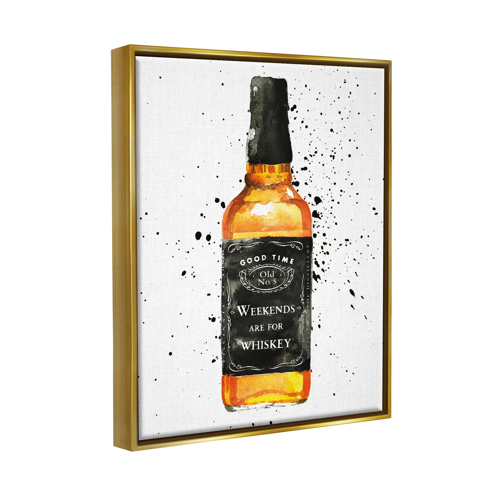 Stupell Industries Weekends Are For Whiskey Quote Liquor Bottle Metallic Gold Framed Floating Canvas Wall Art, 16x20, by Mercedes Lopez Charro