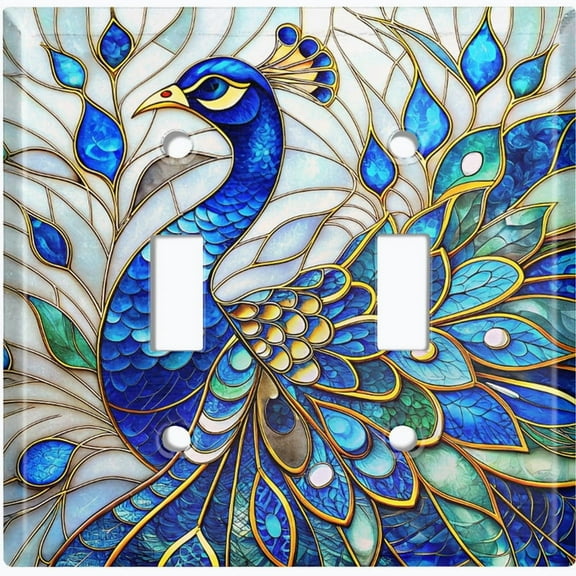 Metal Light Switch Wall Plate Outlet Cover (Printed Image of Stained Glass Peacock - Double Toggle)