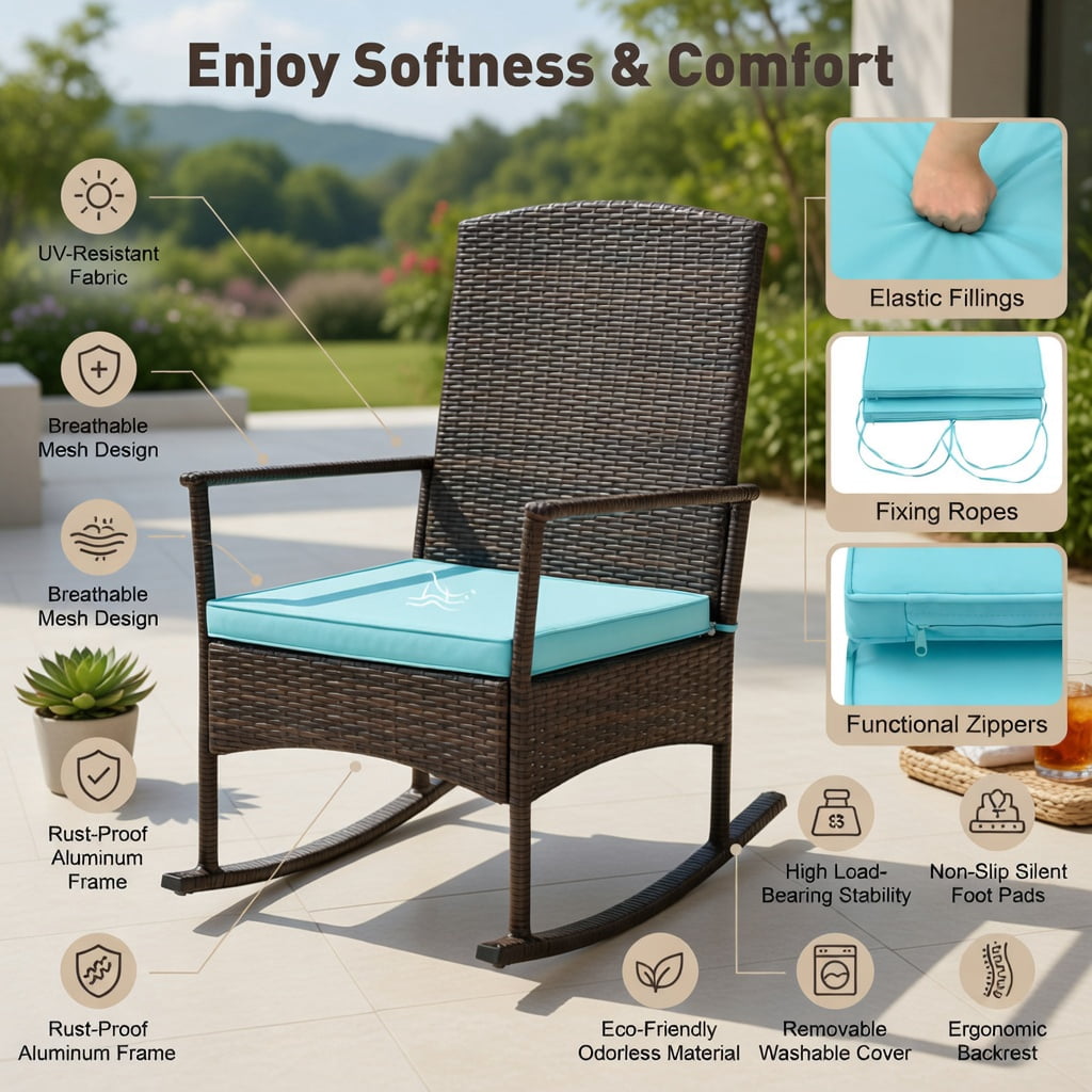 Hommoo 3-Piece Outdoor Patio Rocking Set, Wicker Rocking Chairs with 2-Tier Tempered Glass Coffee Table, Heavy-Duty Metal Frame, All-Weather PE Rattan, Turquoise