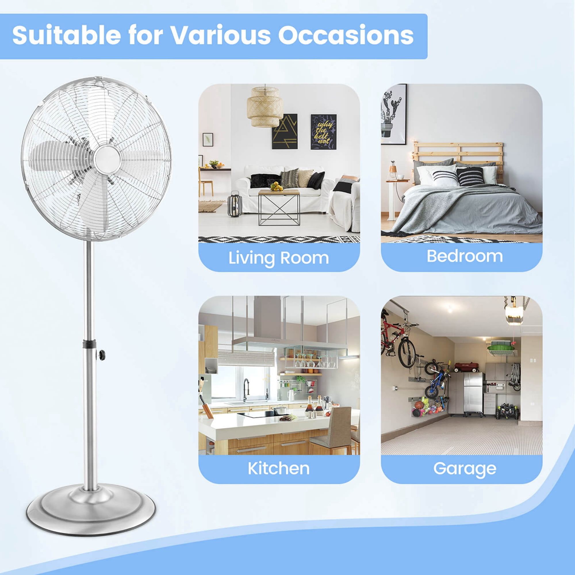 Costway 16" Standing Pedestal Fan with 3 Speed Settings Carrying Handle Aluminum Blades Silver