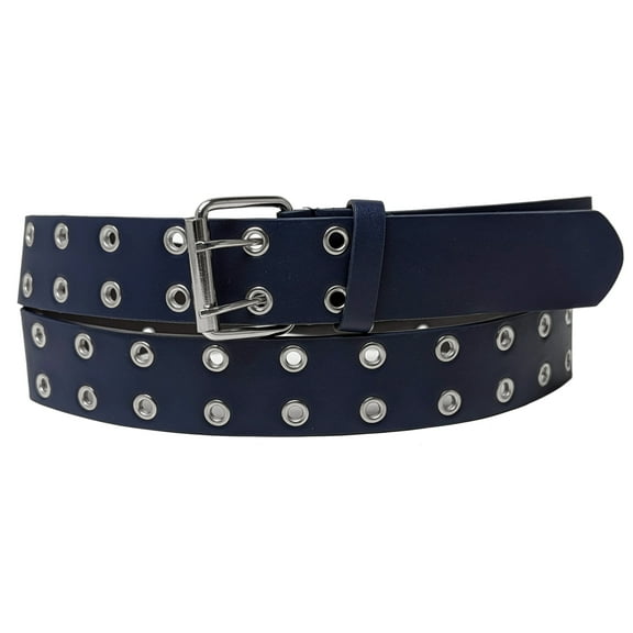 Navy Blue 2 Holes Row Silver Grommets Bonded Leather Belt Removable Buckle