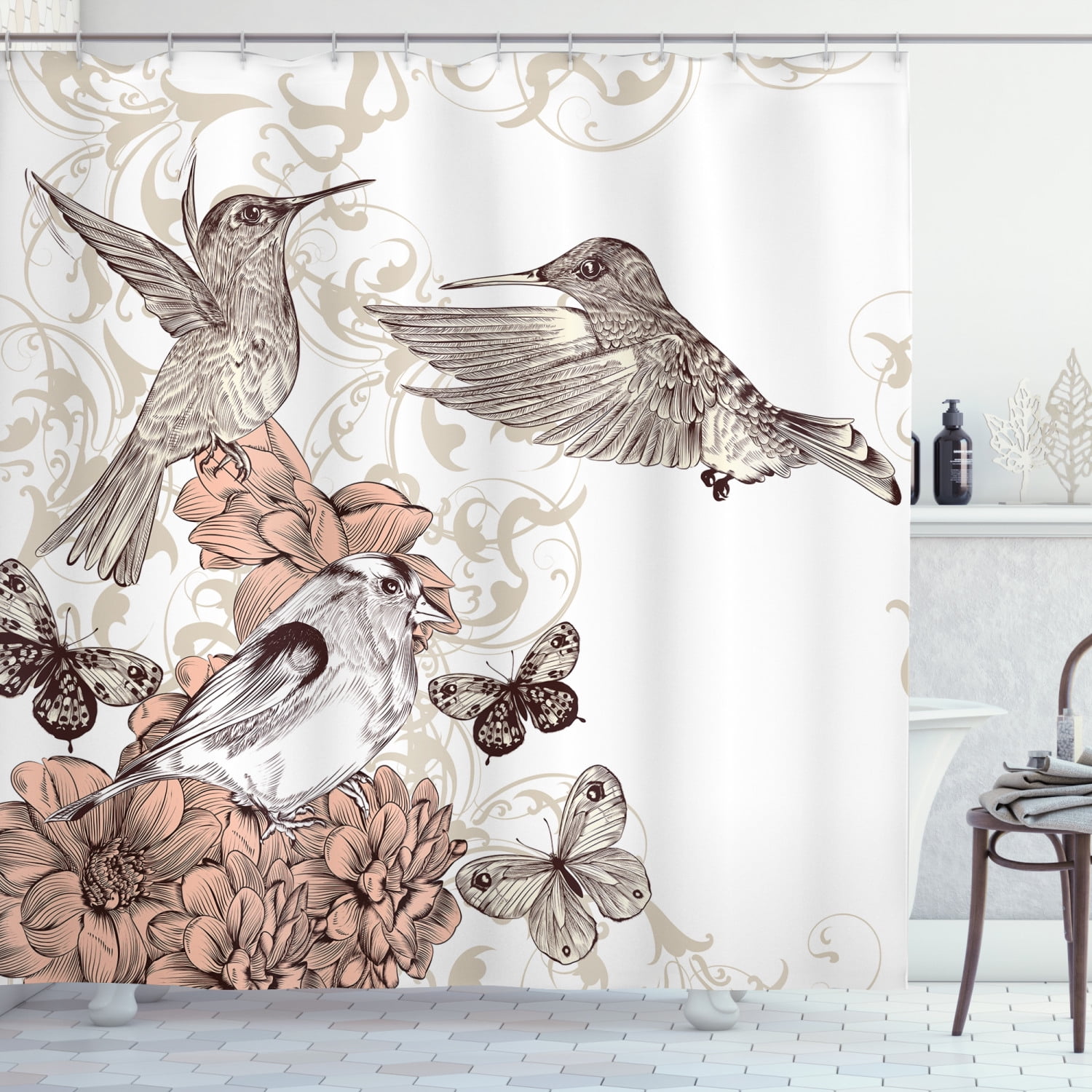 Hummingbirds Decorations Shower Curtain Set, Vintage Style Artwork With