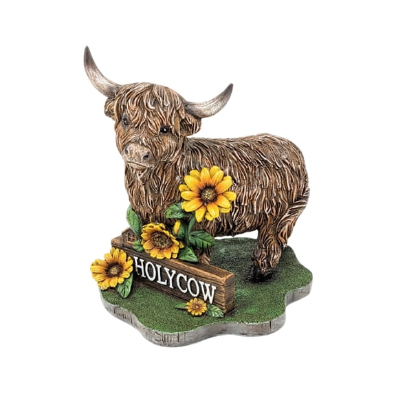 Rustic Highland Cow Resin Figurine – Decorative Holy Cow Sculpture with Sunflowers for Farmhouse Home & Office Decor – Country Lodge Accents for Shelf & Tabletop – Adorable Gift for Animal Lovers