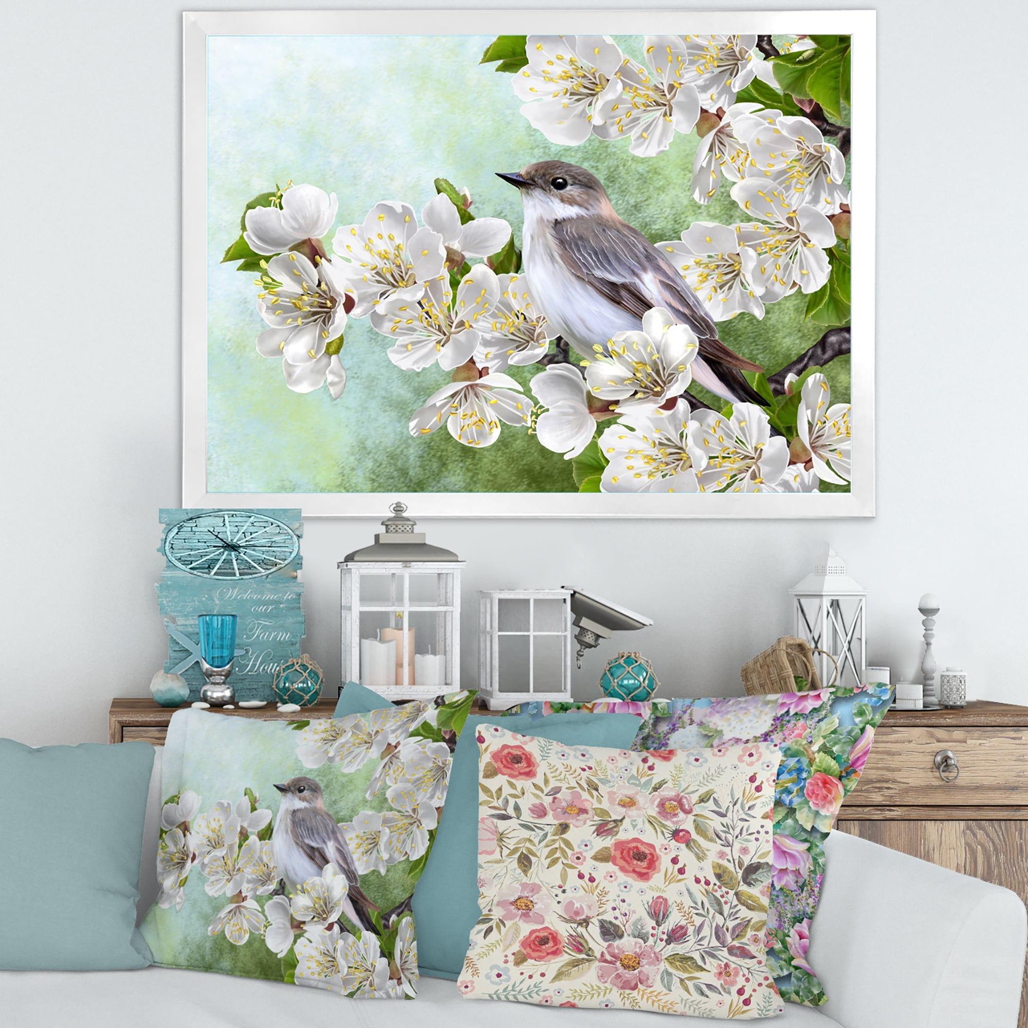 Designart 'Gray Bird Sitting On A Branch of A Blossoming Tree' Traditional Framed Art Print
