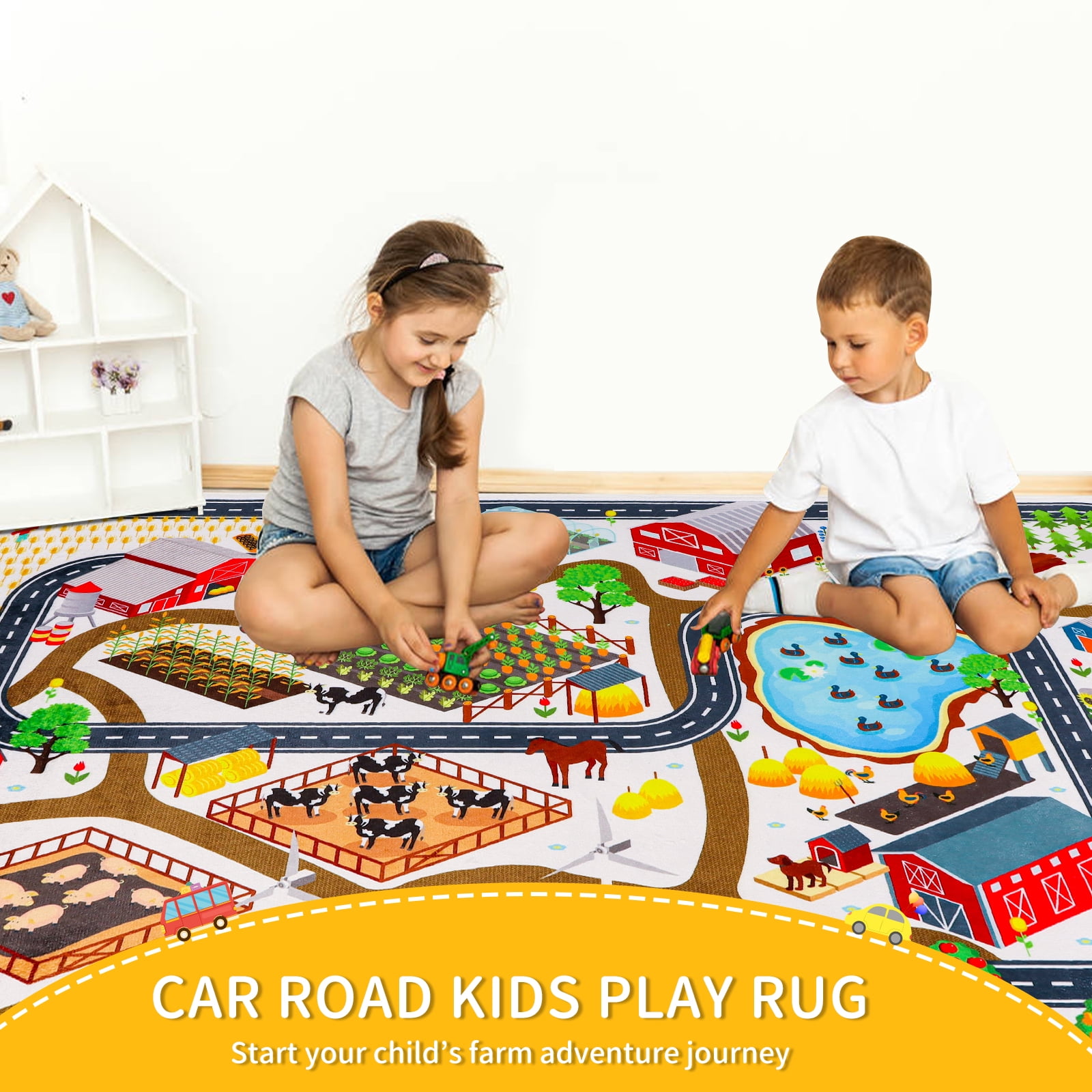 Kids Rug Car Rug for Toy Cars,Farm Life Road Traffic for Playroom Kid Car Road Rug Village Map Play Mat Non-Slip Washable Play Rug for Toddler Boy Family Tummy Time Playtime