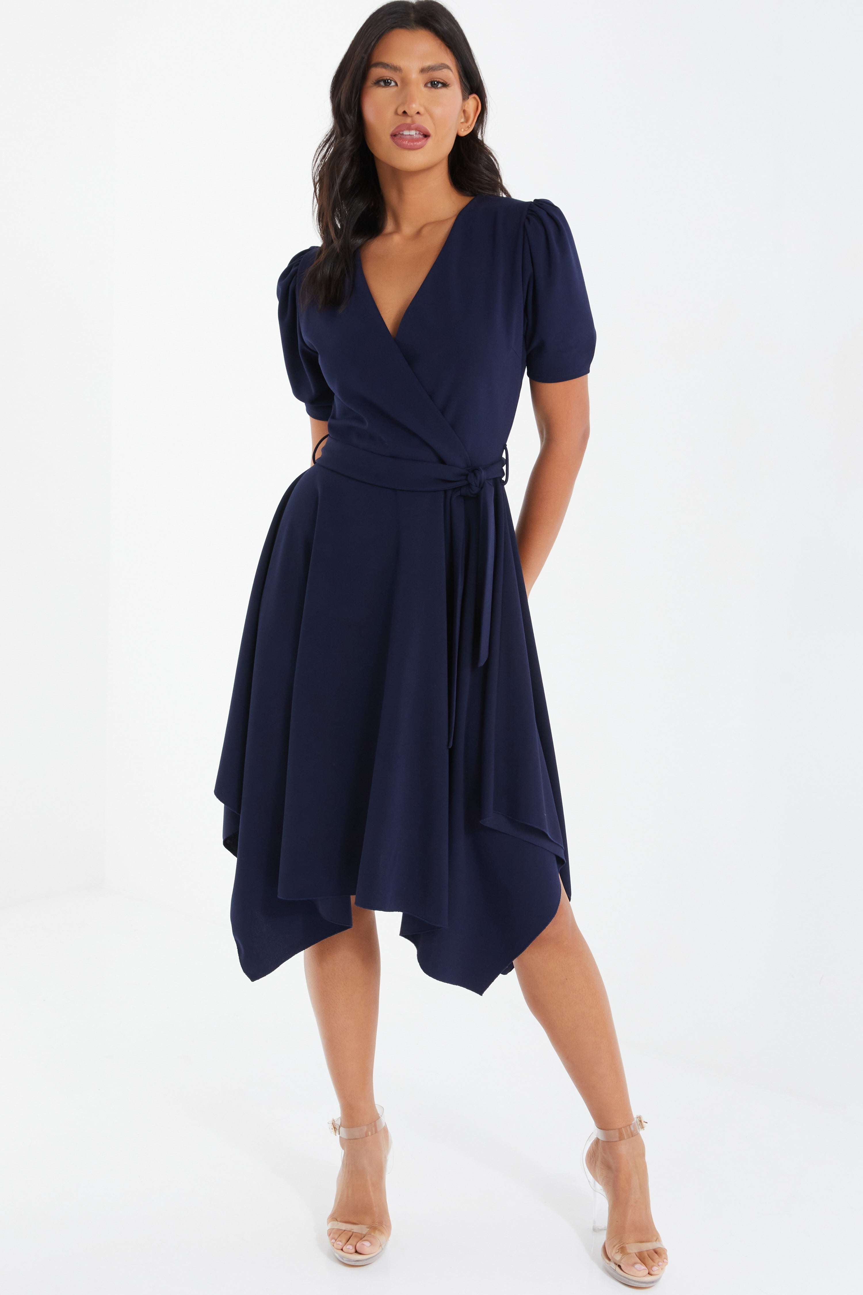 QUIZ Women's Scuba Crepe Puff Sleeve Hanky Hem Dress