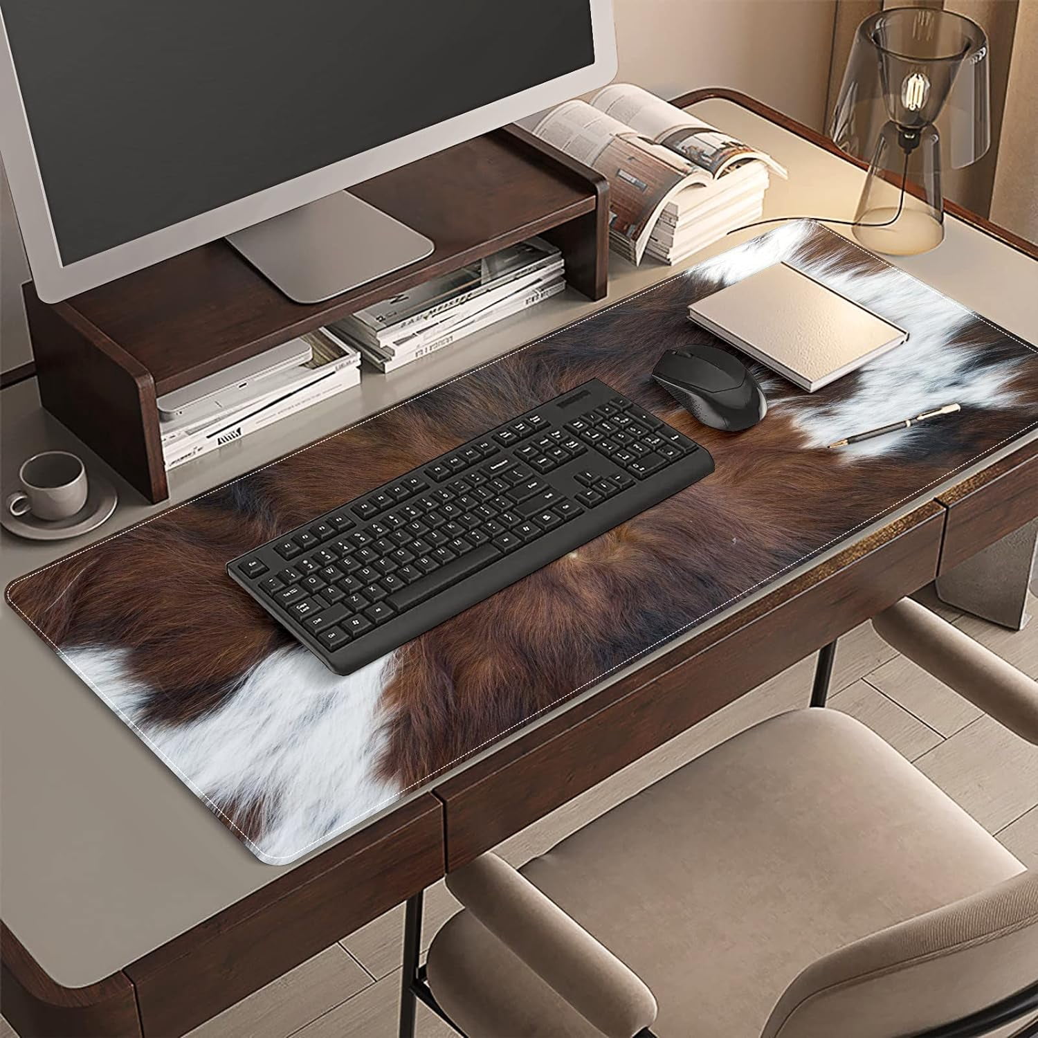 Brown Cowhide Desk Mat, Desk Accessory, Cute Workspace, Trendy Workspace, Trendy, 35.4x15.7in Large Gaming Mouse Pad, Cute Desk Topper, Pretty Desk Pad