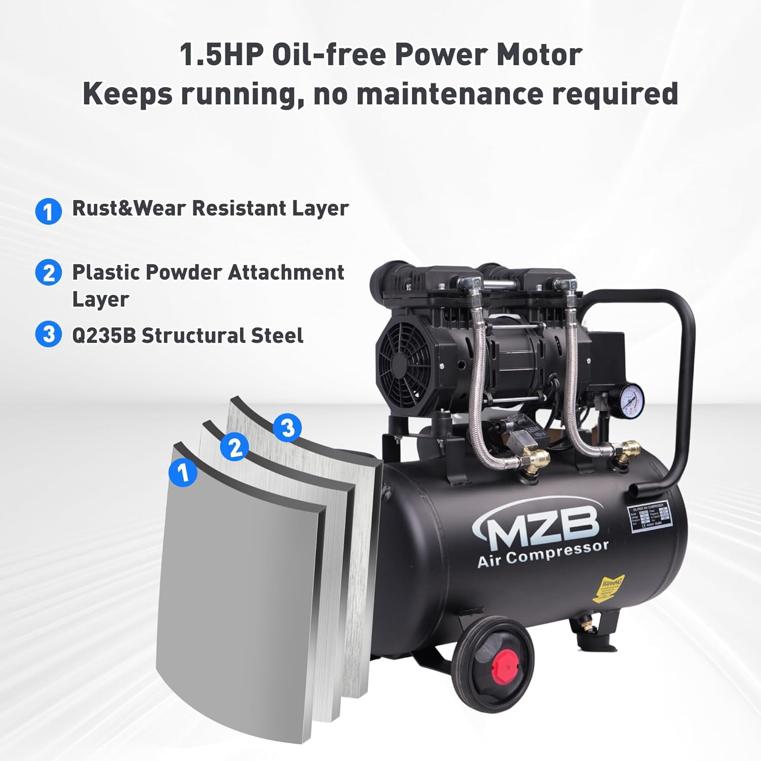 6.4 Gallon Oil-Free Air Compressor, 1.5HP 110V Ultra Quiet 70dB Steel Tank with Wheels for Workshop Use