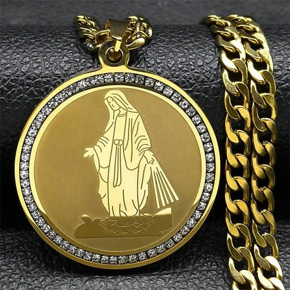 Virgin Mary Medal Hip Hop Big Pendant Men's Necklace Women 14K Yellow Gold Cuban Long Chain Necklaces Jewelry