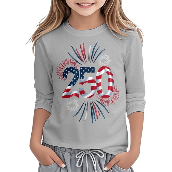WAYUTE Girls Patriotic 4th Of July Graphic Tee Three Quarter Sleeve Shirts for Kids Youth Loose Cute Casual Outdoor