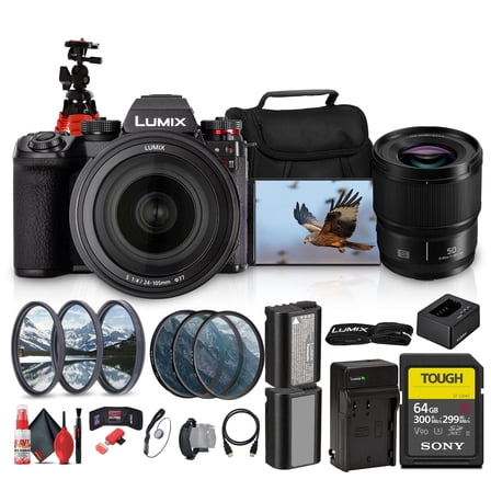 Panasonic LUMIX S1R II Mirrorless Camera with 24-105mm f/4 Lens | 47MP Full-Frame Sensor, 6K Video, IBIS, V-Log, OLED Viewfinder    Lumix S 50mm f/1.8 Lens   64GB Card   More