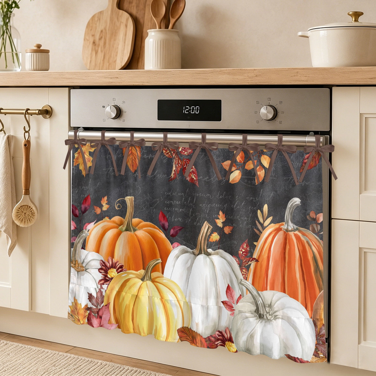 Pumpkin Thanksgiving Oven Skirt Curtain Brown Eucalyptus Leaf Tie Top Tier Curtains Stove Dishwasher Skirt Small Window Drapes for Kitchen Bathroom Cafe 32 x24
