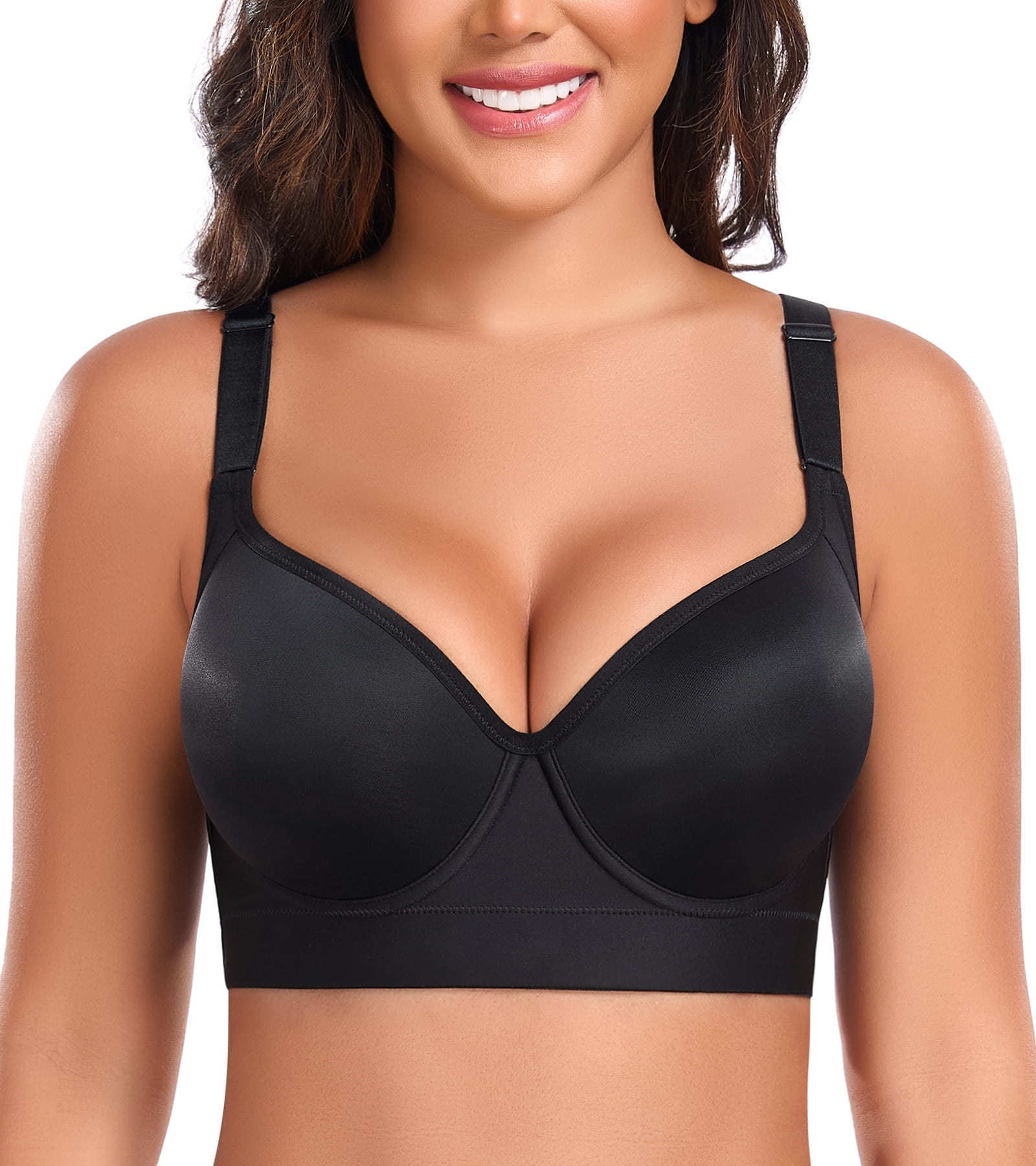 Exerin Women's Push Up Underwire Full Coverage Sculpting Uplift Support Hide Back Fat Bra(38D,Black)